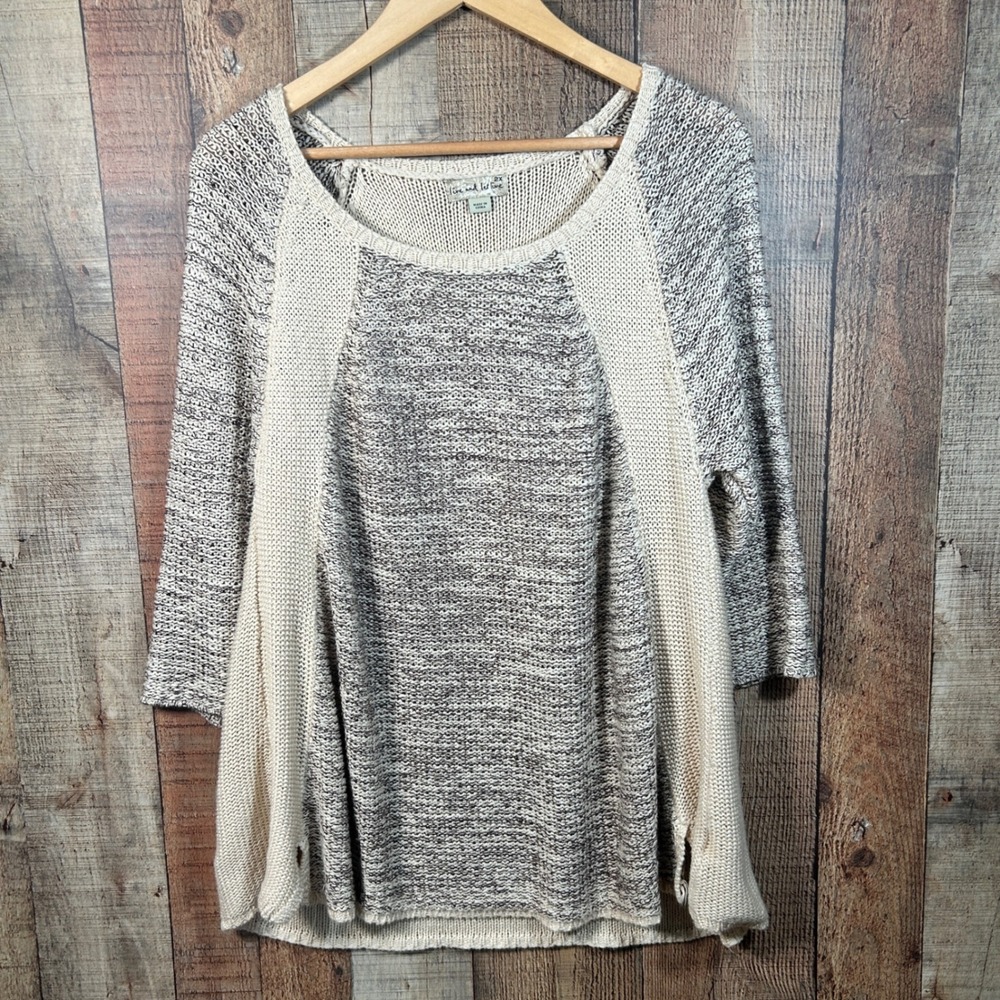 Live and Let Live Cream Brown Marled Knit Colorblock Sweater 3/4 Sleeve 2X Boho